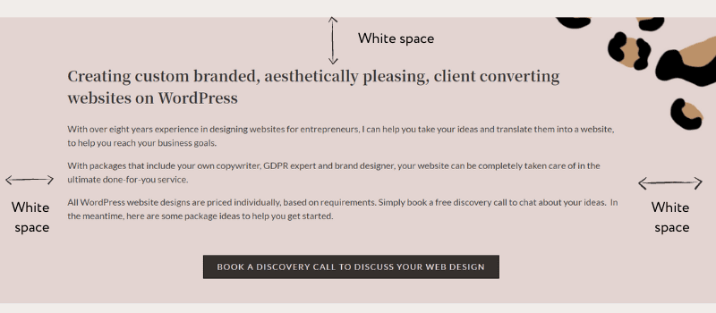 Snippet from Cariad Creative website with arrows showing where there is white space around the text which shows how to make your website look more professsional